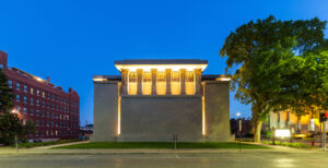 Frank Lloyd Wright's Unity Temple at dusk